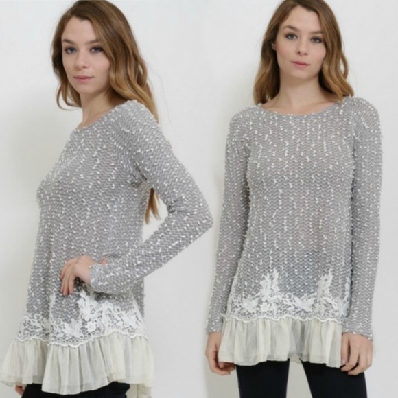 Sweaters - Lace and Ruffle Gray Feminine Sweater